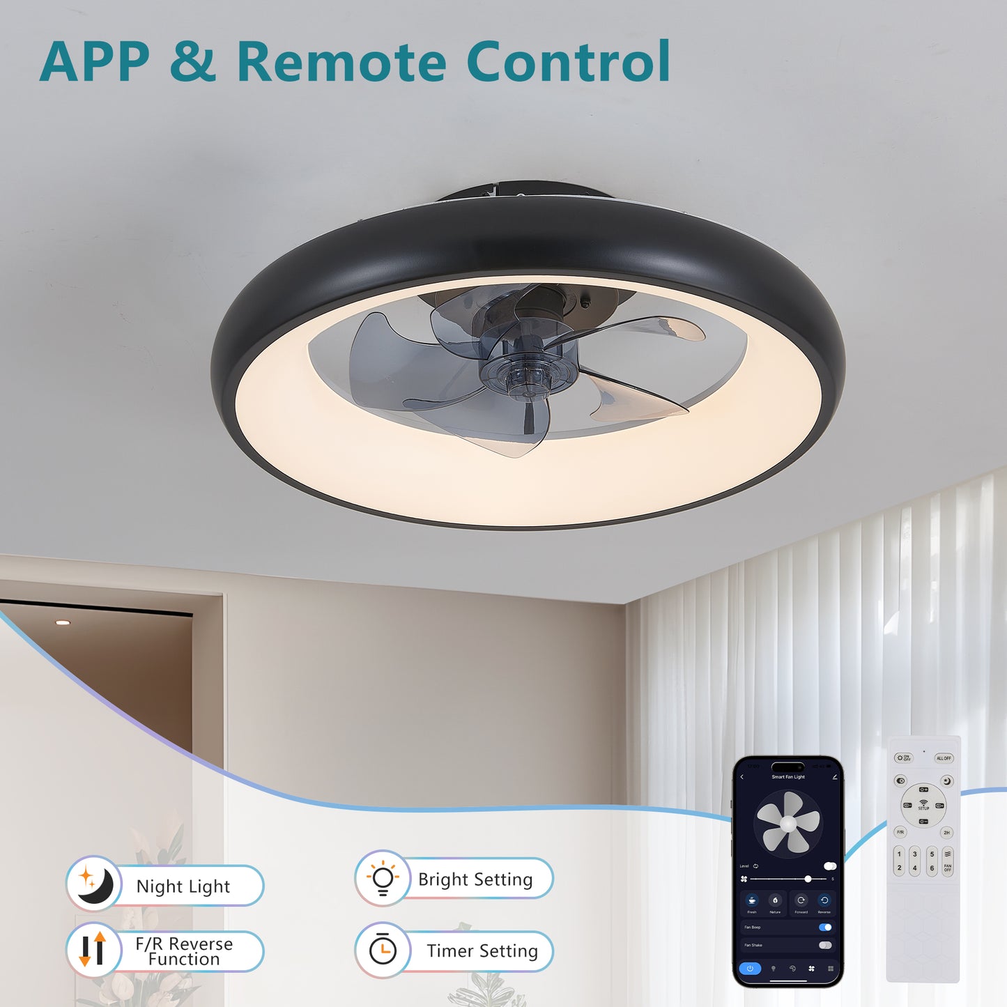 20" Black Iron LED Ceiling Fan Light - Dimmable Remote Control