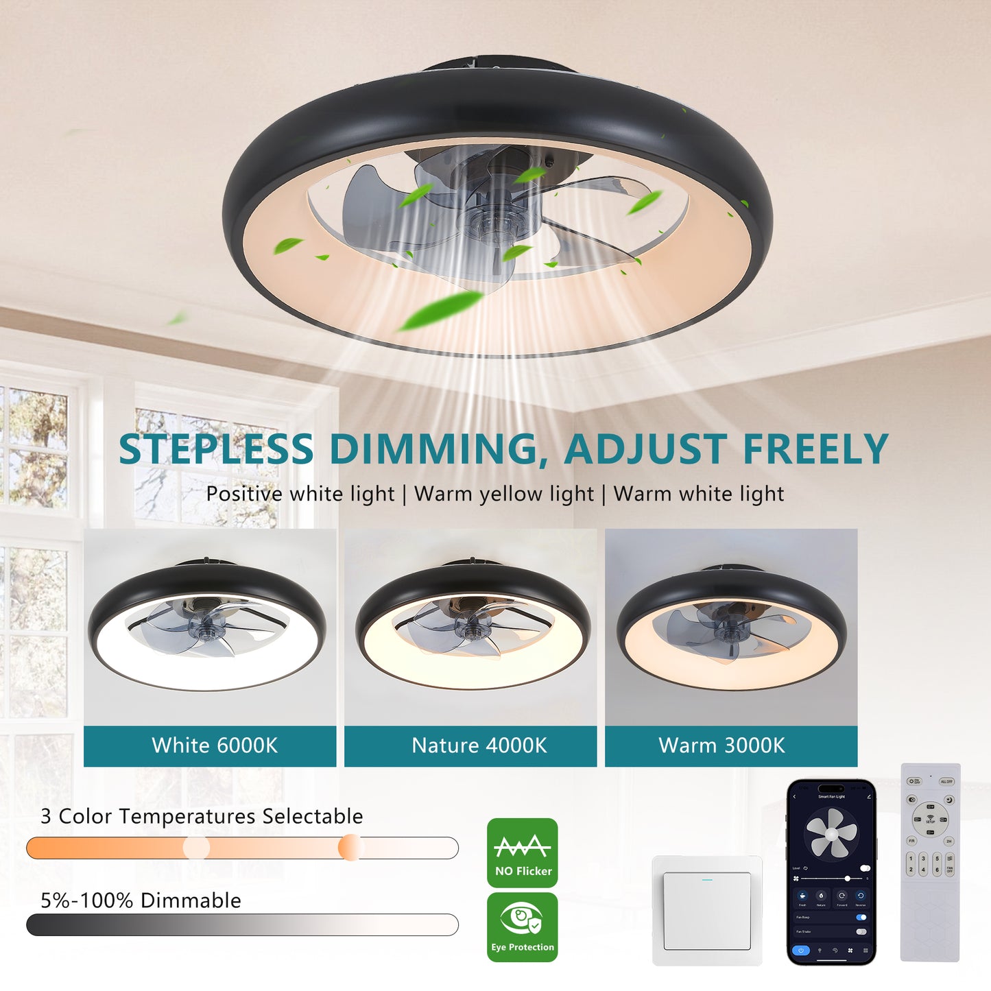 20" Black Iron LED Ceiling Fan Light - Dimmable Remote Control
