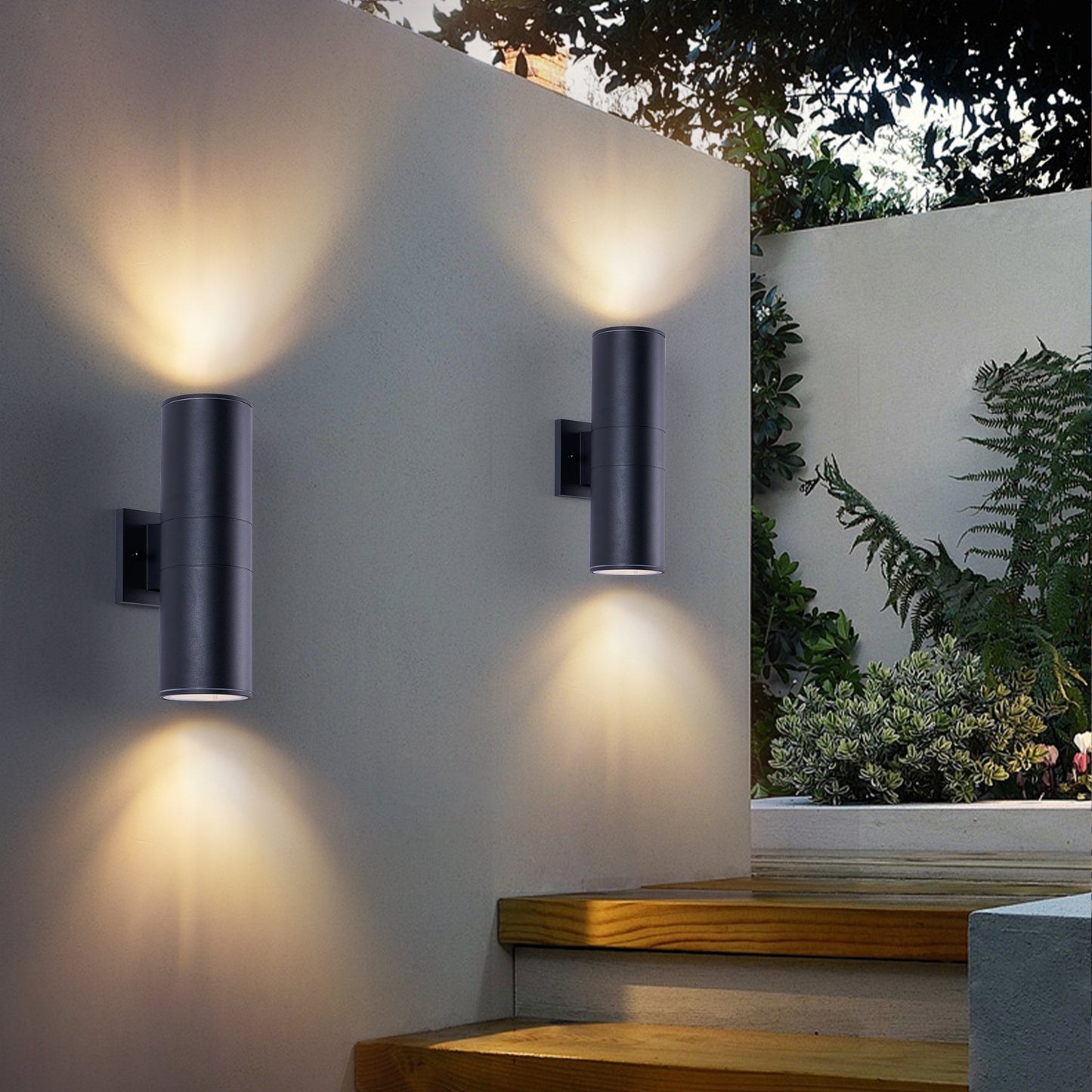 14" Modern Outdoor Porch Light Patio Light in 2 Lights with Aluminum Cylinder and Tempered Glass Cover Waterproof Wall Sconce 2 Pack (Matte Black)(bulbs NOT included)