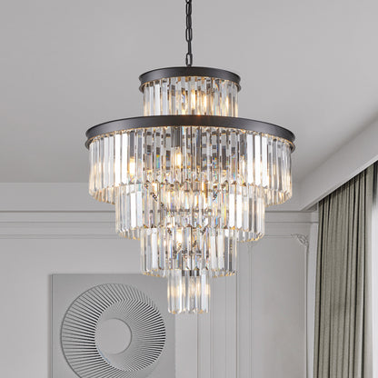24" Luxury Crystal Chandelier with Black Finish – Elegant 15-Light 5 Tier Pendant Light Fixture for Living Room, Dining Room, or Entryway (Bulb Not Included)