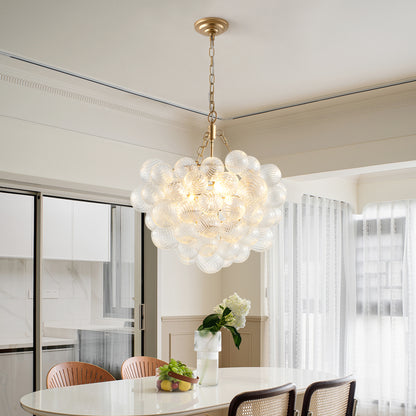 20-Inch Gold Pendant Light Chandelier with Threaded Clear Glass Globe Shade – Adjustable Height, Ideal for Living Room, Dining Room, Kitchen (No Bulbs)