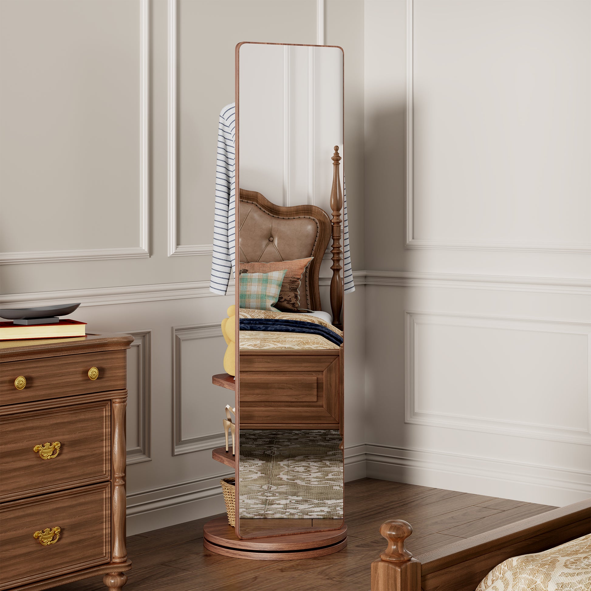 360° Rotating 66"x17.8" Multifunctional Full Length Mirror with Hook Storage Rack Coat Rack with Mirror Solid Wood Floor Mirror Bedroom Living Room Cloakroom Space Saving (walnut)