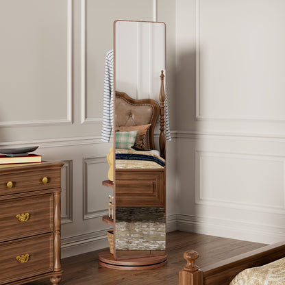 360° Rotating 66"x17.8" Multifunctional Full Length Mirror with Hook Storage Rack Coat Rack with Mirror Solid Wood Floor Mirror Bedroom Living Room Cloakroom Space Saving (walnut)