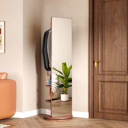 360° Rotating 69"x20" Multifunctional Full Length Mirror with Hook Storage Rack Coat Rack with Mirror Solid Wood Floor Mirror Bedroom Living Room Cloakroom Space Saving (walnut)