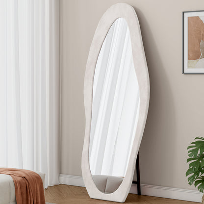 Full Length Mirror, 63" x 24" Floor Mirror/ Wall Mirror, Flannel Wrapped Wooden Frame Floor Mirror,Irregular Wavy Mirror Standing/Halling Large Wall Mirror for Bedroom,Living Room, Dressing Room White