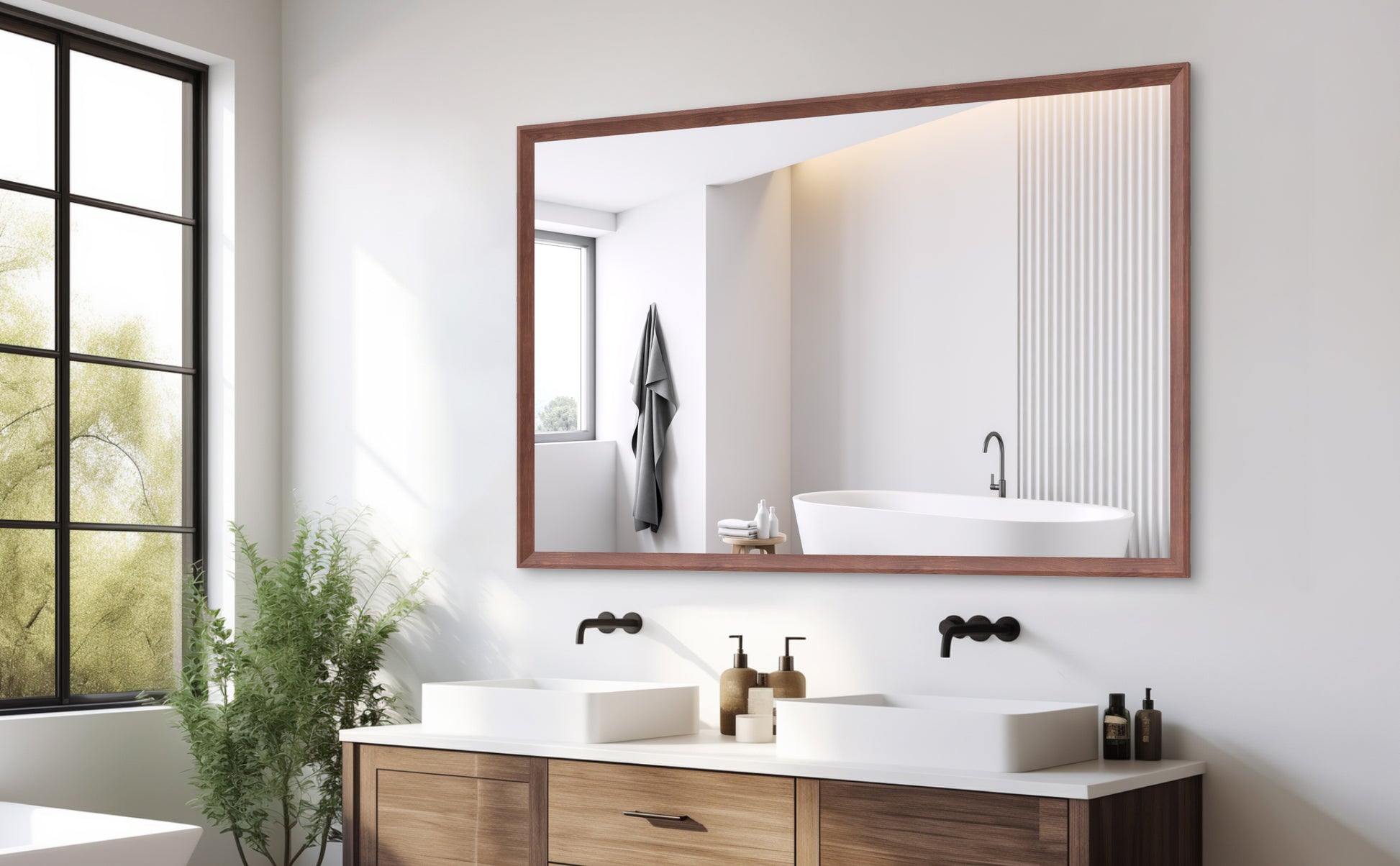 60"x40" Oversized Modern Rectangle Bathroom Mirror with walnut  Frame Decorative Large Wall Mirrors for Bathroom Living Room Bedroom Vertical or Horizontal Wall Mounted mirror with Aluminum Frame