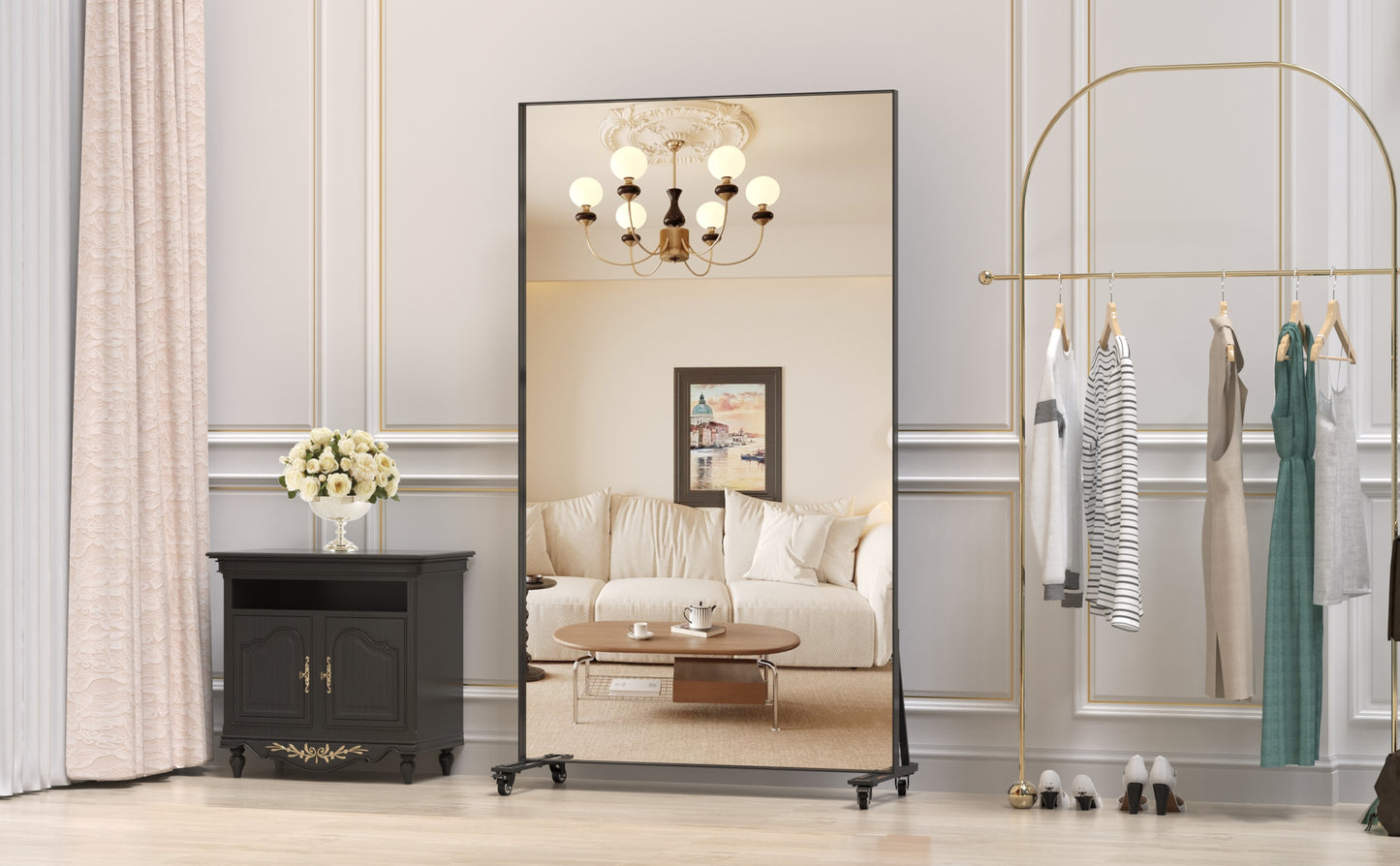 67*40 inch full-length mirror, square large hanging mirror, oversized floor mirror for bedroom, large dressing mirror for living room, metal frame, with wheels, movable mirror, black color
