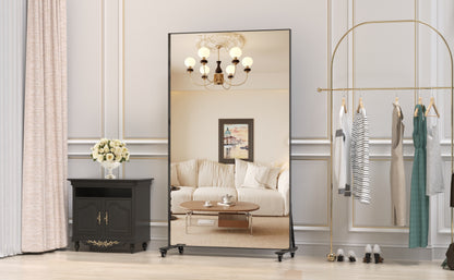 67*40 inch full-length mirror, square large hanging mirror, oversized floor mirror for bedroom, large dressing mirror for living room, metal frame, with wheels, movable mirror, black color