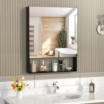 24'' x 30'' Medicine Cabinet with Mirror for Bathroom, Wall Mounted Bathroom Mirror with Storage, Adjustable Shelves, Aluminum Framework, Surface Mount  Black