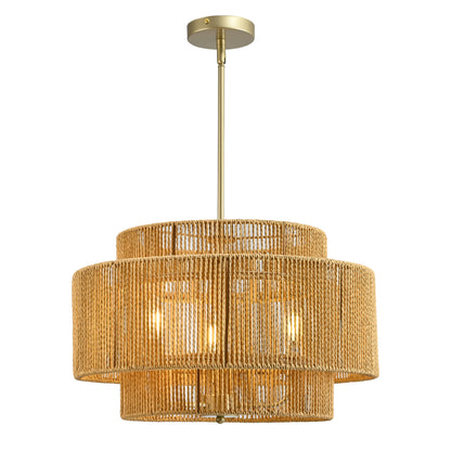 Boho Rattan Chandelier, 3-Light Rustic Modern Ceiling Light Fixture Pendant Lamp for Dining Room, Living Room, Bedroom, Kitchen Island ((E12 Bulbs Not Included))
