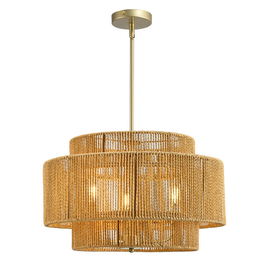 Boho Rattan Chandelier, 3-Light Rustic Modern Ceiling Light Fixture Pendant Lamp for Dining Room, Living Room, Bedroom, Kitchen Island ((E12 Bulbs Not Included))