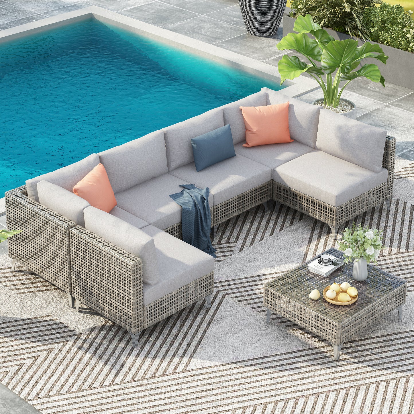 7-Piece Wicker Patio Furniture Set, Outdoor Conversation Sectional Sofa with Water-Resistant Gray Cushions and Coffee Table