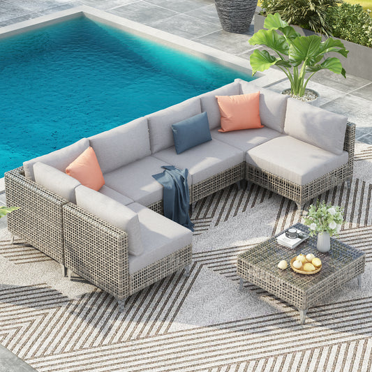 7-Piece Wicker Patio Furniture Set, Outdoor Conversation Sectional Sofa with Water-Resistant Gray Cushions and Coffee Table