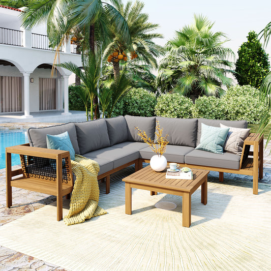 Outdoor Poolside Acacia Wood Patio Seating Set with Cushions