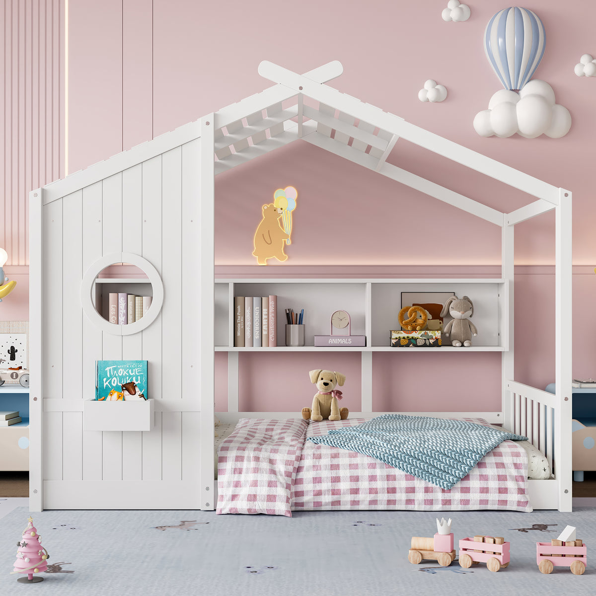 Twin Size Wooden Play House Bed with Storage Shelf for Bedroom