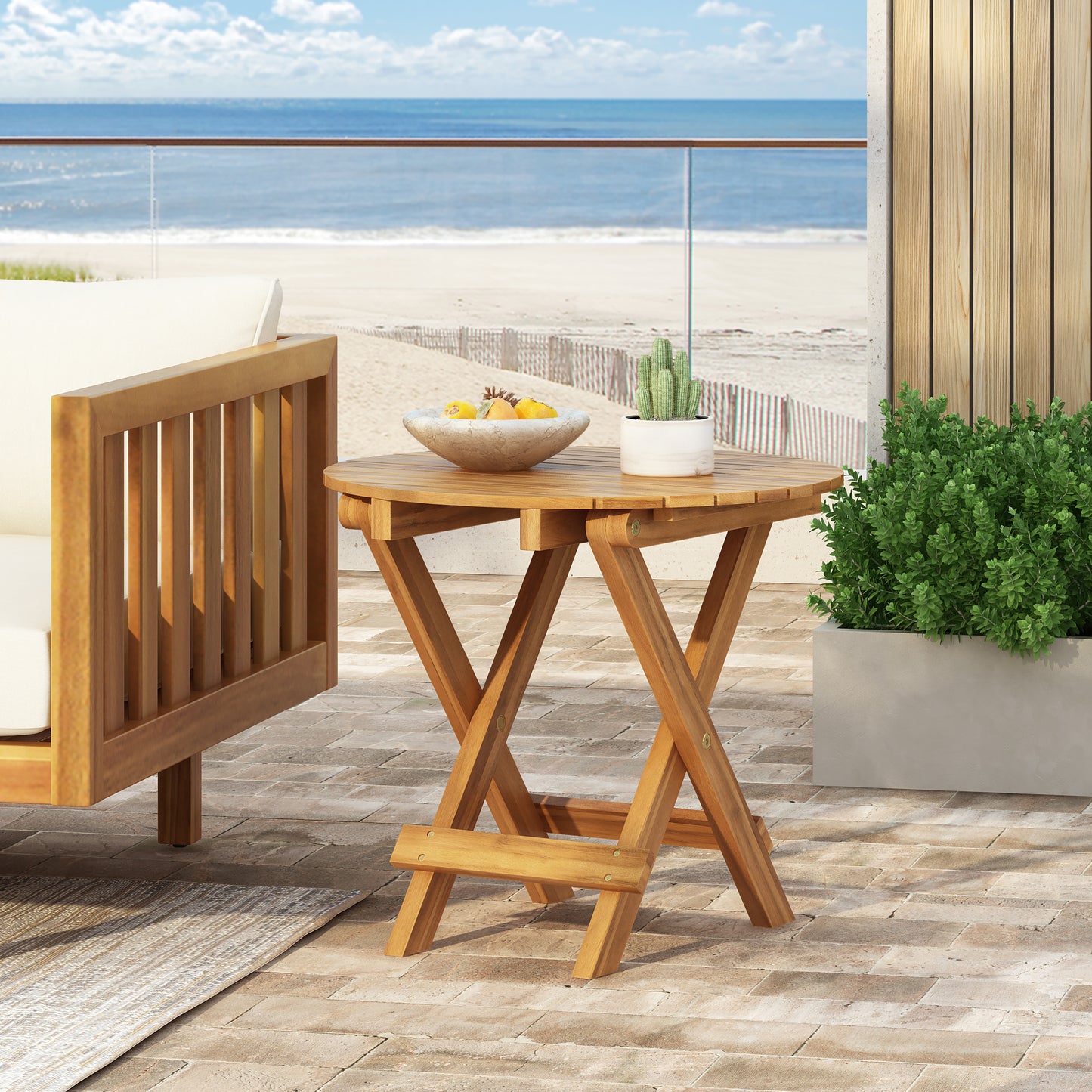Foldable Adjustable Acacia Wood Outdoor Side Table with Teak Finish, No Assembly Required