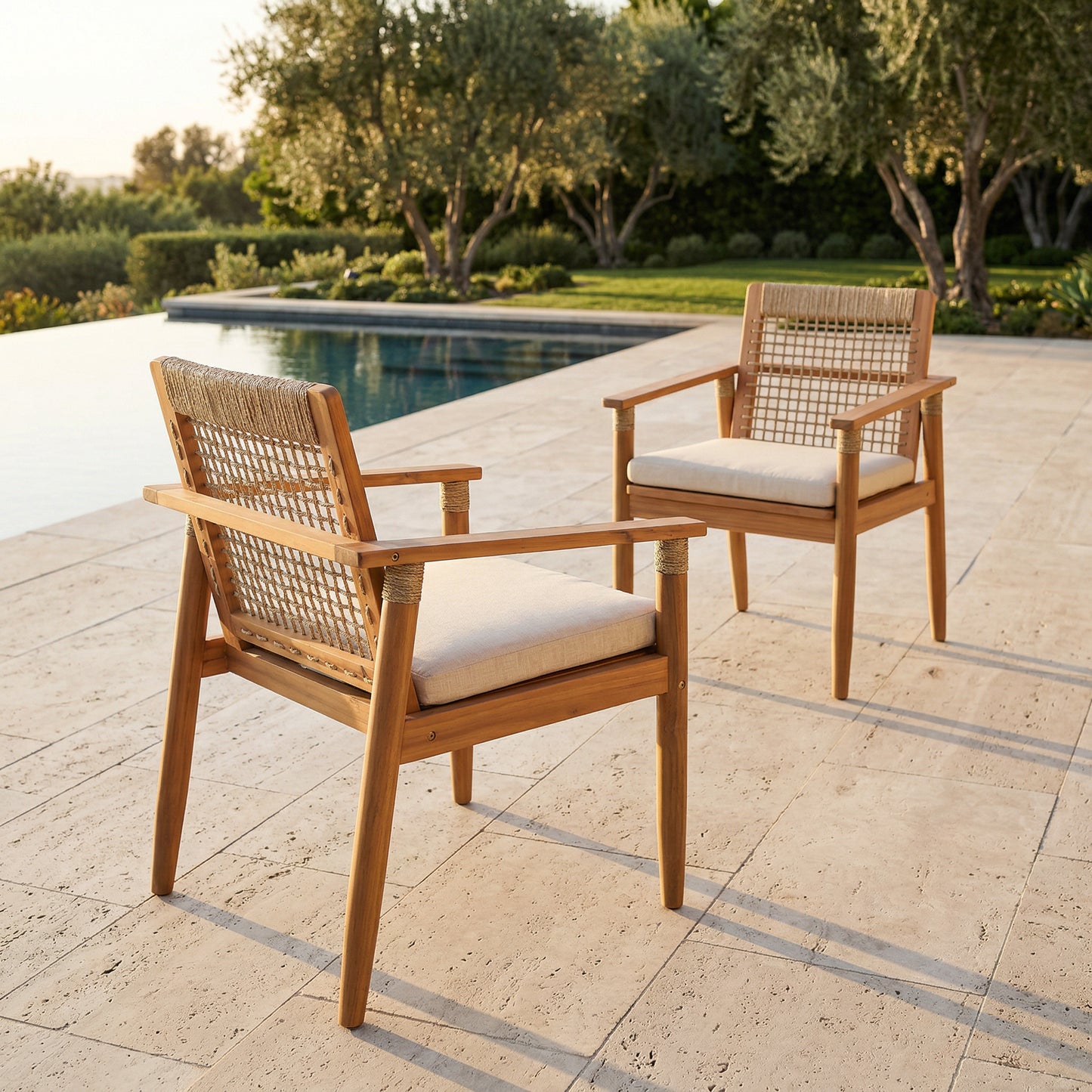 Set of 2 Acacia Wood Outdoor Dining Chairs with Rope Back, Armrests, and Beige Cushions for Patio and Garden