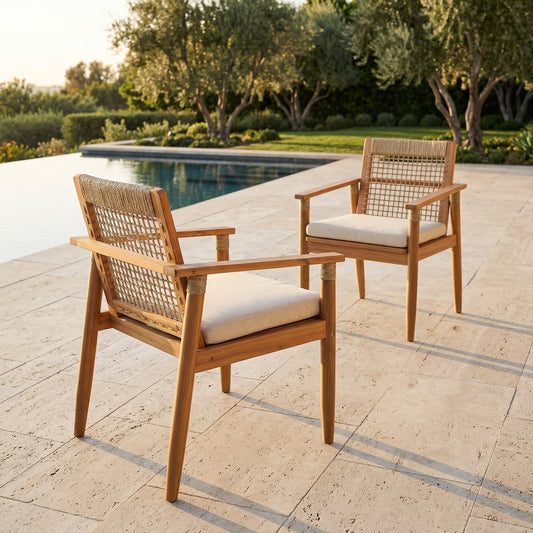 Set of 2 Acacia Wood Outdoor Dining Chairs with Rope Back, Armrests, and Beige Cushions for Patio and Garden