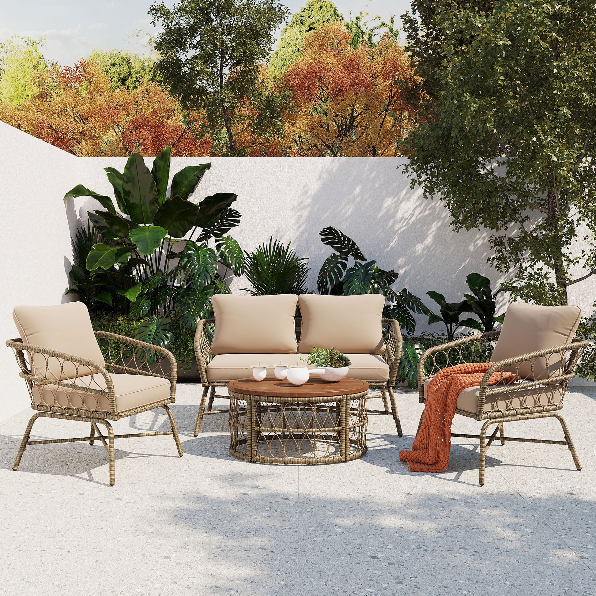 Beige Wicker Outdoor Patio Set with Oval Acacia Tabletop for Garden
