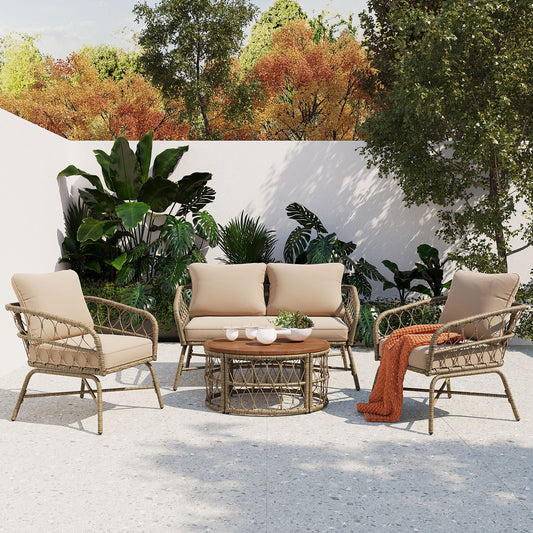 Beige Wicker Outdoor Patio Set with Oval Acacia Tabletop for Garden