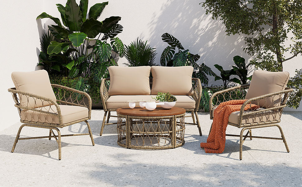 Beige Wicker Outdoor Patio Set with Oval Acacia Tabletop for Garden