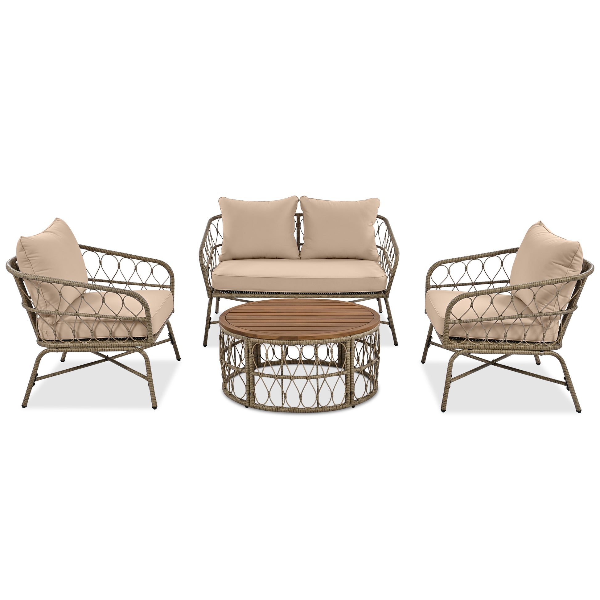 Beige Wicker Outdoor Patio Set with Oval Acacia Tabletop for Garden