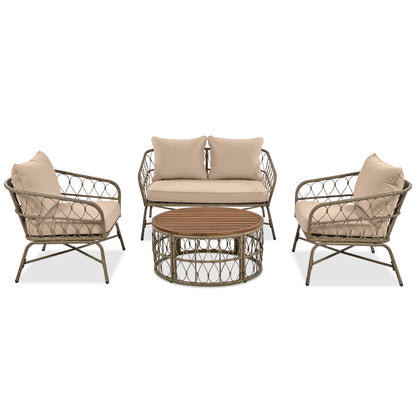 Beige Wicker Outdoor Patio Set with Oval Acacia Tabletop for Garden