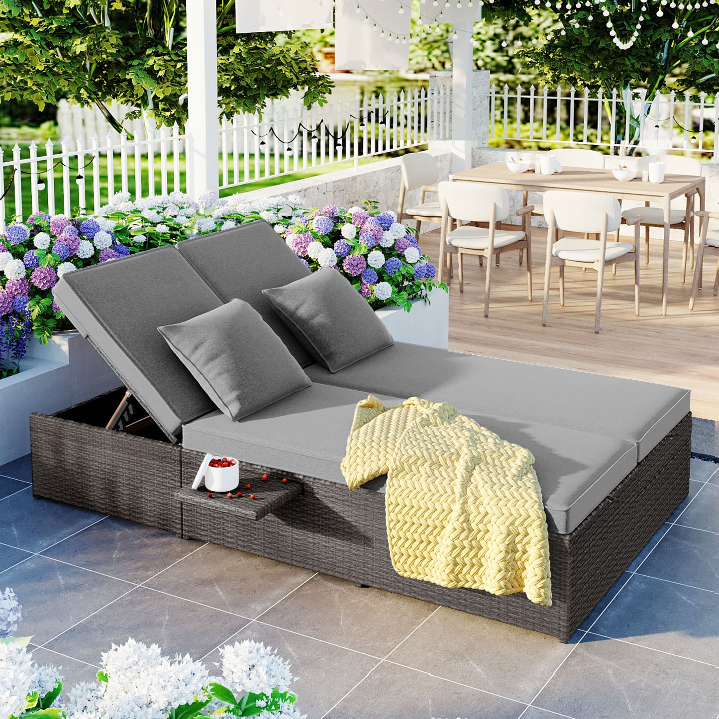 Outdoor Double Sunbed with Adjustable Backrests and Gray Cushions