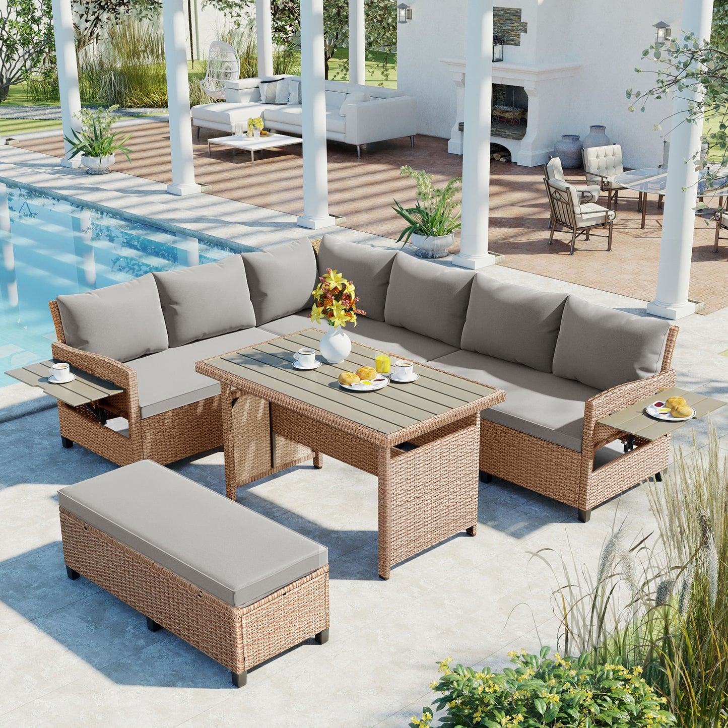 5-Piece Brown L-Shaped PE Wicker Outdoor Sectional Sofa Set with Dining Table and Extendable Side Tables