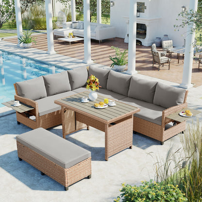 5-Piece Brown L-Shaped PE Wicker Outdoor Sectional Sofa Set with Dining Table and Extendable Side Tables