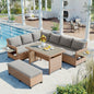 5-Piece Brown L-Shaped PE Wicker Outdoor Sectional Sofa Set with Dining Table and Extendable Side Tables