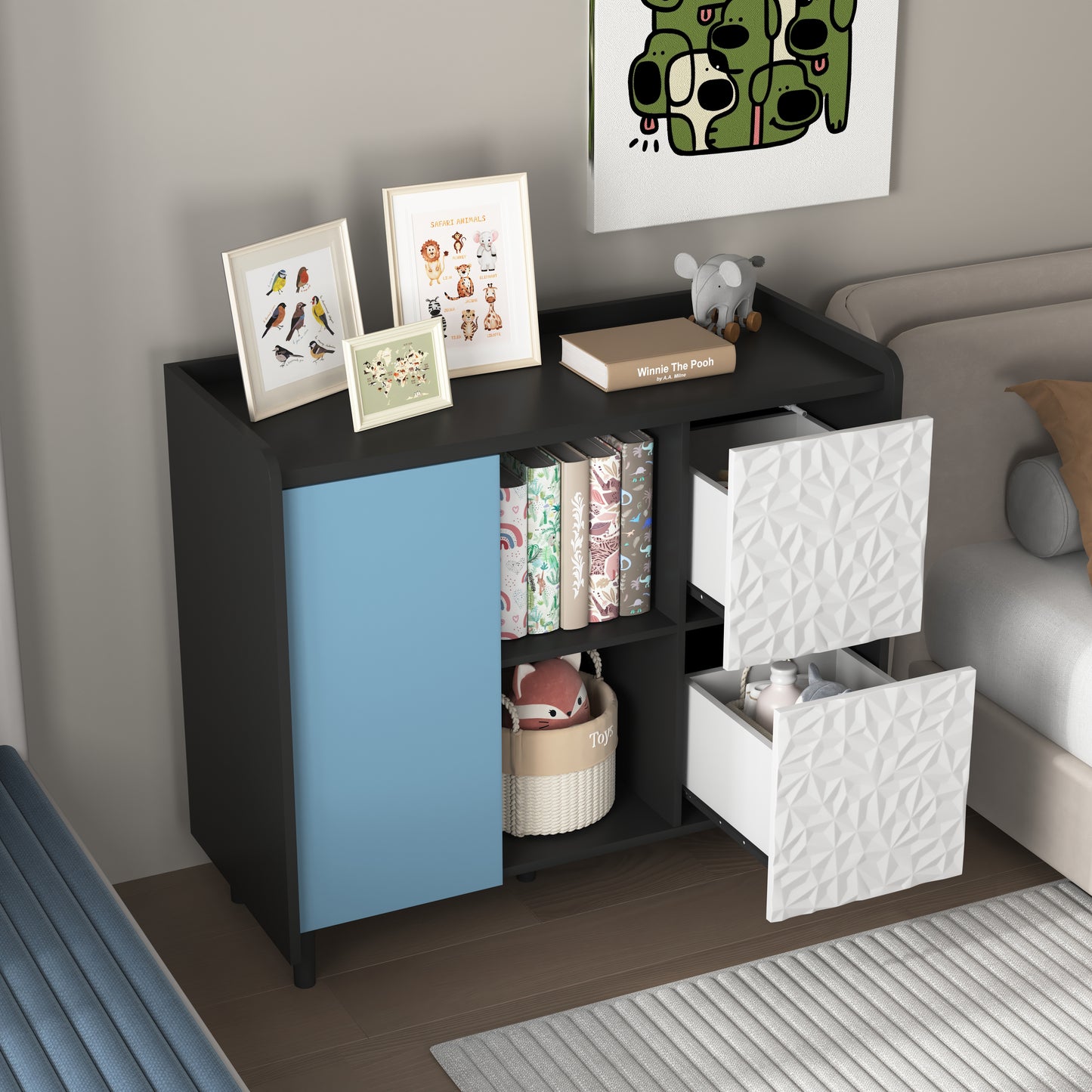 Sideboard Buffet Cabinet, Black Storage Cabinet with Red Doors , 2 Drawers with unique panel styling and 2 Open Storage Compartment, Modern Coffee Bar Cabinet Accent Cabinet for Kitchen, Dining Room,