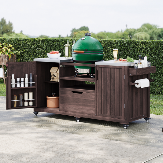 66.5-Inch Dark Brown Solid Wood Outdoor Grill Cart with Stainless Steel Top for Big Green Egg