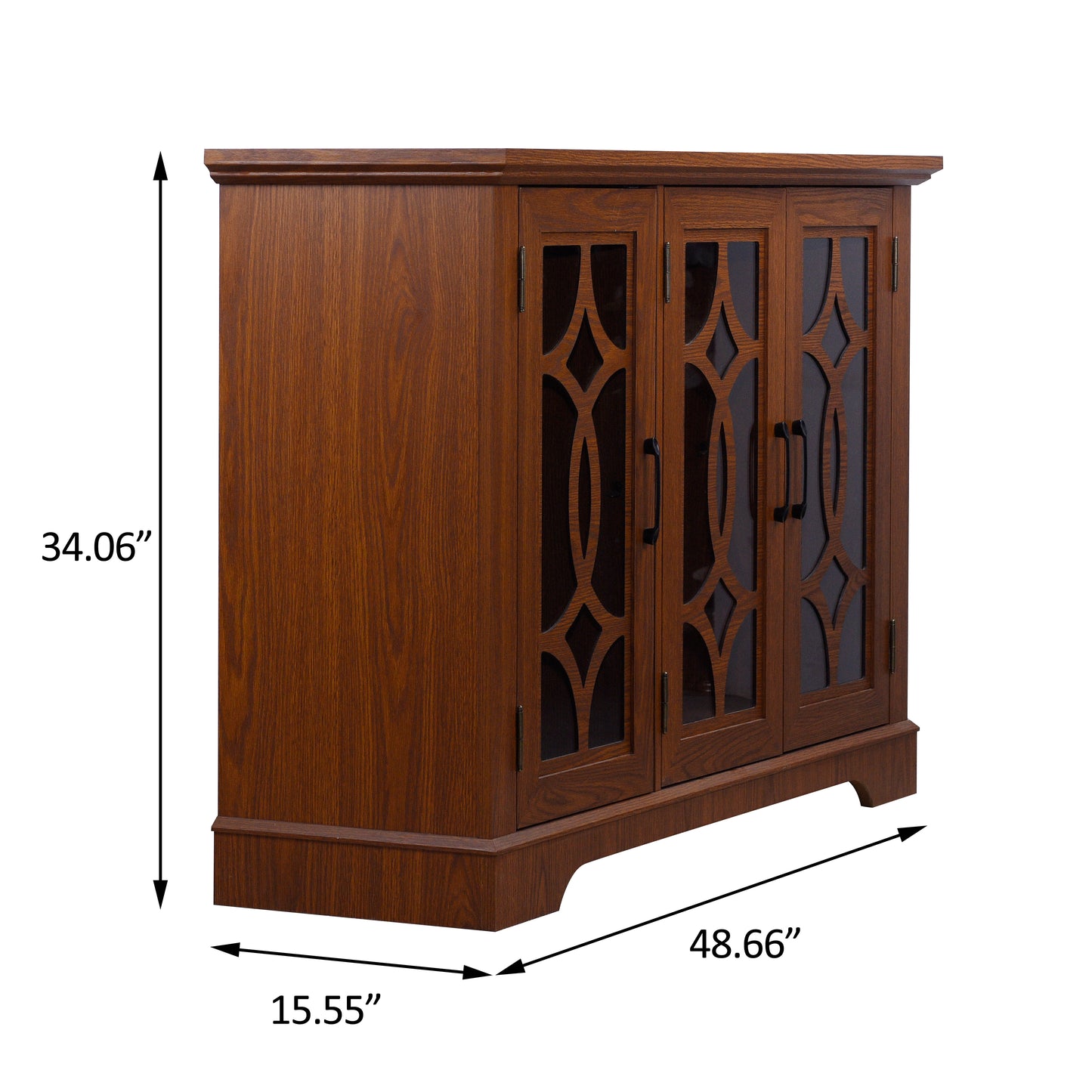 48.66" x 15.55" x 34.06" Spacious size sideboard 3 clear tempered glass doors buffet with adjustable shelf, MDF with dark OAK decorative laminates storage cabinet for dinning room, kitchen,living room