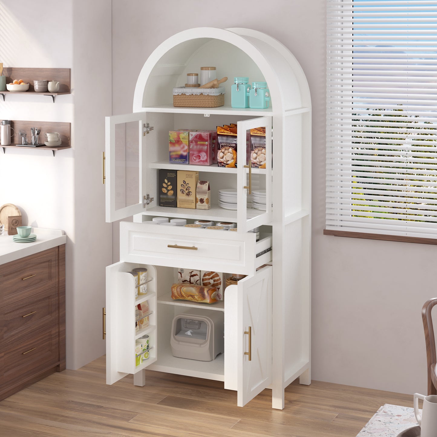 71" White Farmhouse Kitchen Pantry Cabinet with Glass Door - image 4