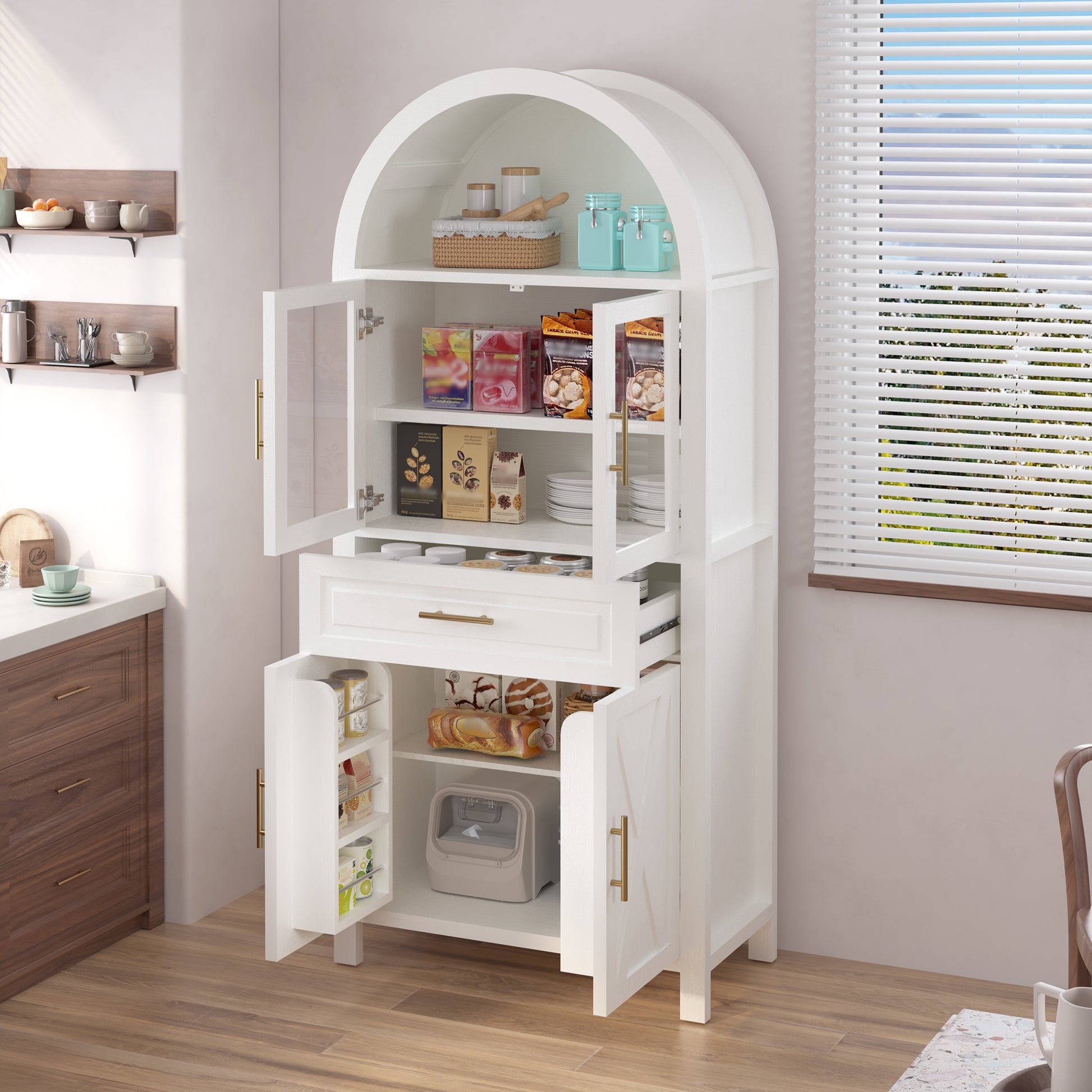 71" White Farmhouse Kitchen Pantry Cabinet with Glass Door - image 4
