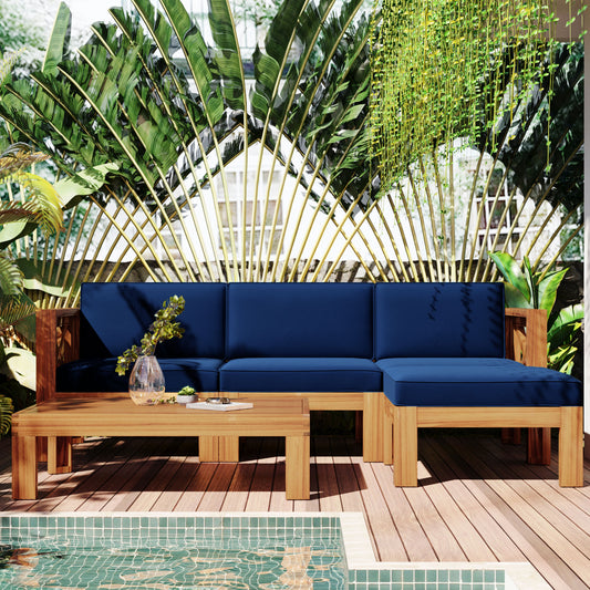 5-Piece Outdoor Wood Sectional Sofa Set with Blue Cushions, Natural Finish
