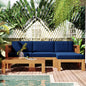 5-Piece Outdoor Wood Sectional Sofa Set with Blue Cushions, Natural Finish