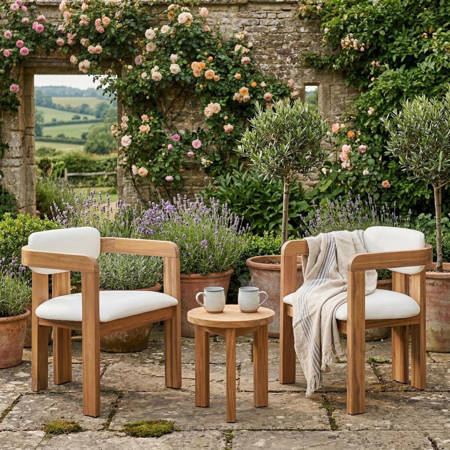 Set of 2 Acacia Wood Outdoor Armchairs with Cream Beige Cushions for Patio, Garden, Balcony, and Sunroom
