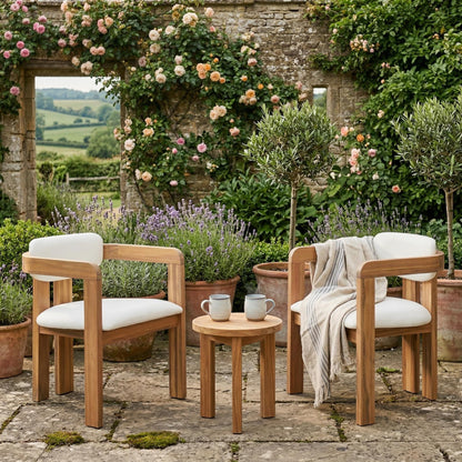 Set of 2 Acacia Wood Outdoor Armchairs with Cream Beige Cushions for Patio, Garden, Balcony, and Sunroom
