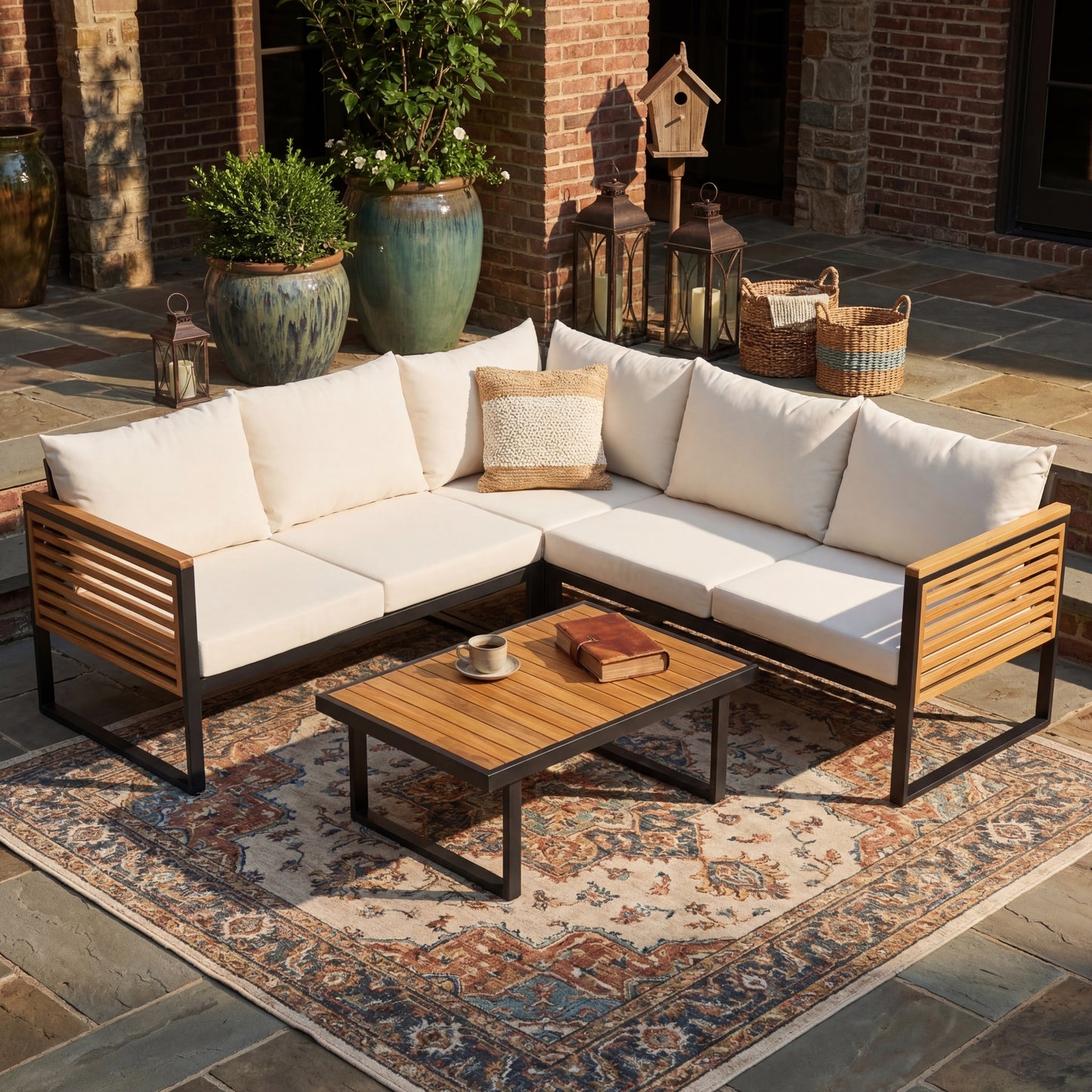 4-Piece Acacia Wood and Metal Patio Corner Sofa Set