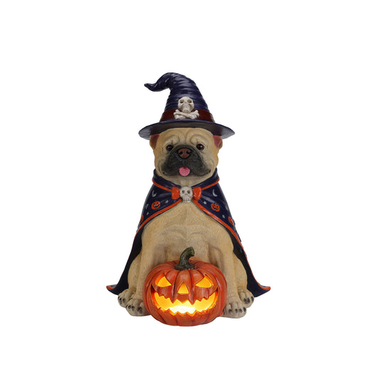 Halloween Bulldog Witch Statue with LED Jack-O'-Lantern Pumpkin - 19.7' Resin Porch Decor