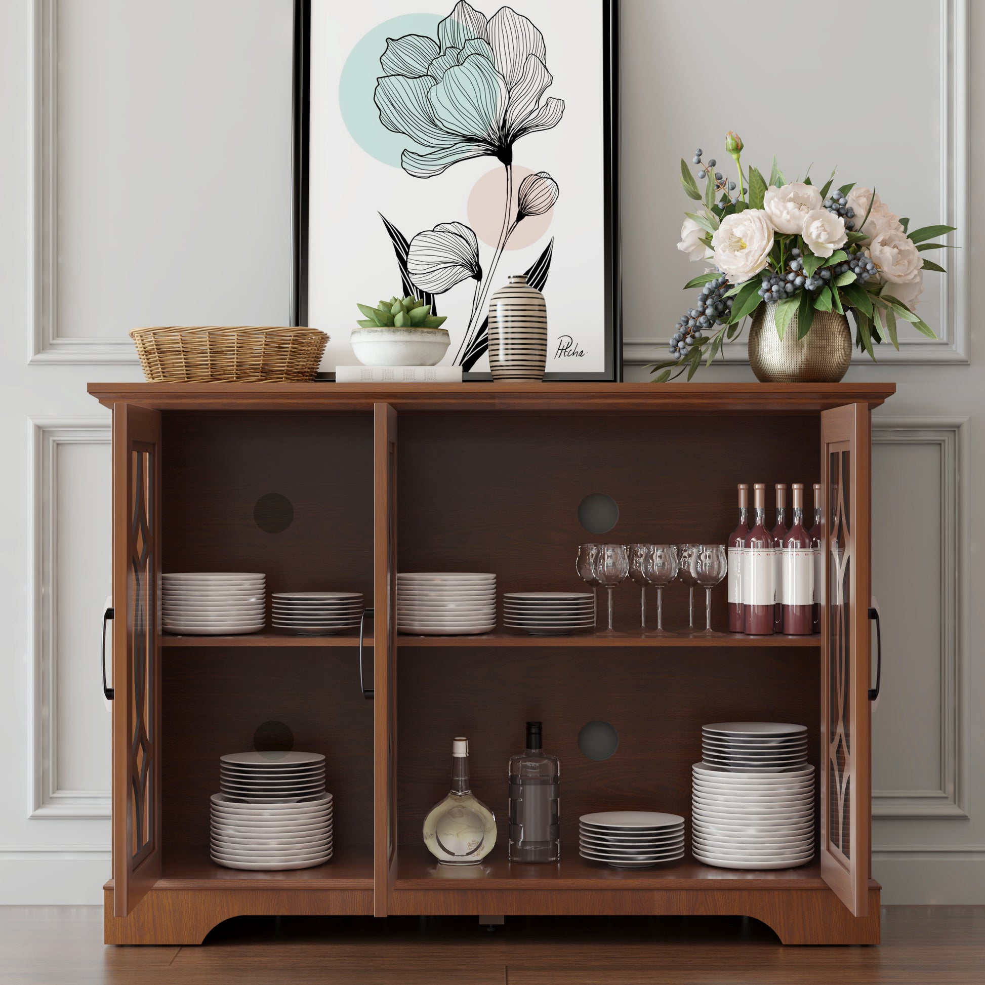 48.66" x 15.55" x 34.06" Spacious size sideboard 3 clear tempered glass doors buffet with adjustable shelf, MDF with dark OAK decorative laminates storage cabinet for dinning room, kitchen,living room
