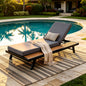Outdoor Chaise Lounge Chair with Dark Gray Cushion, Adjustable Backrest, Iron Frame, and Teak Acacia Wood Accents