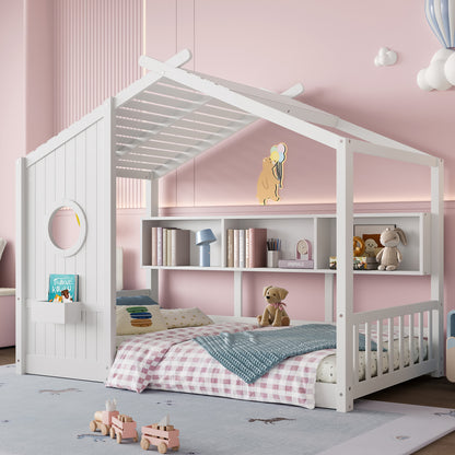 Twin Size Wooden Play House Bed with Storage Shelf for Bedroom