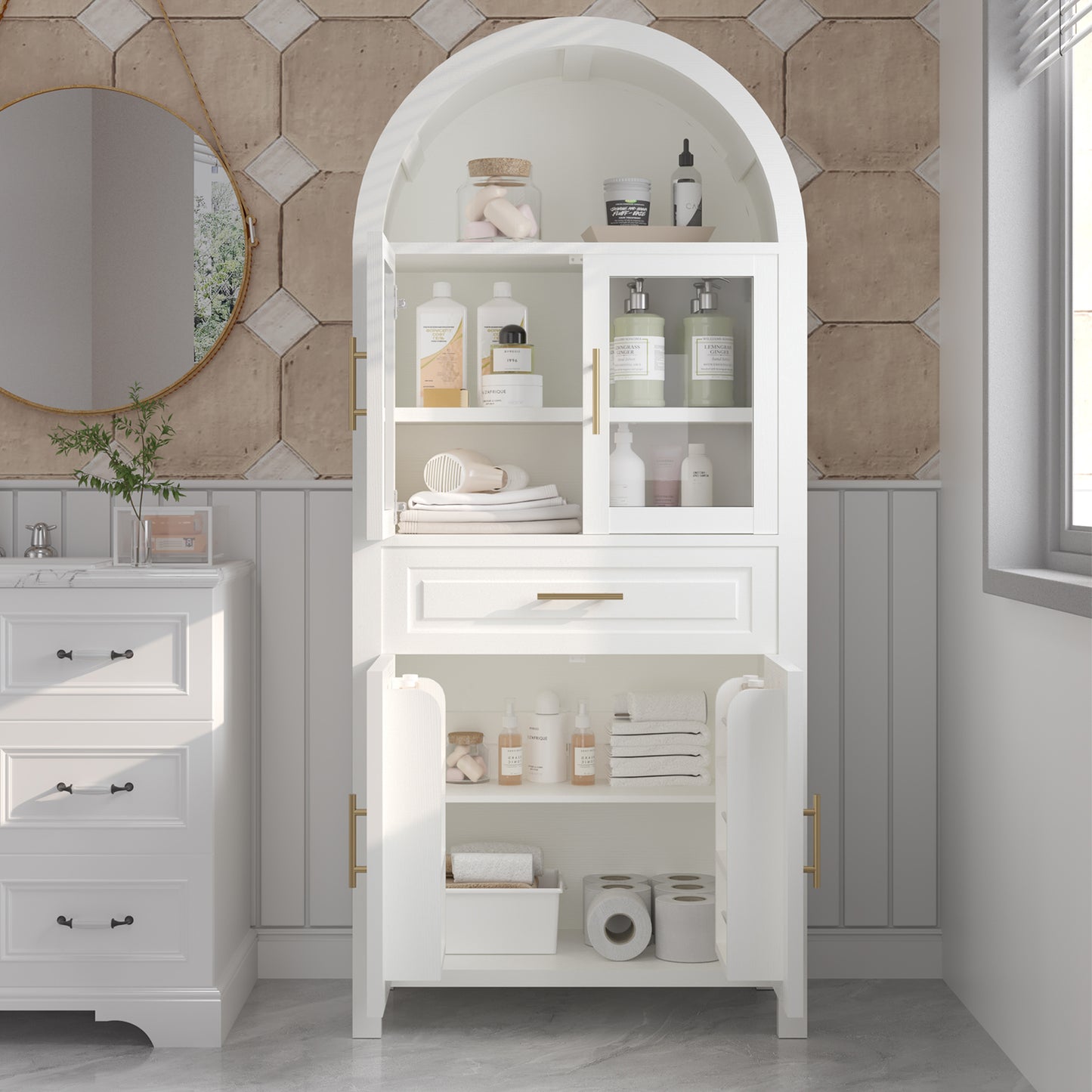 71" White Farmhouse Kitchen Pantry Cabinet with Glass Door - image 2