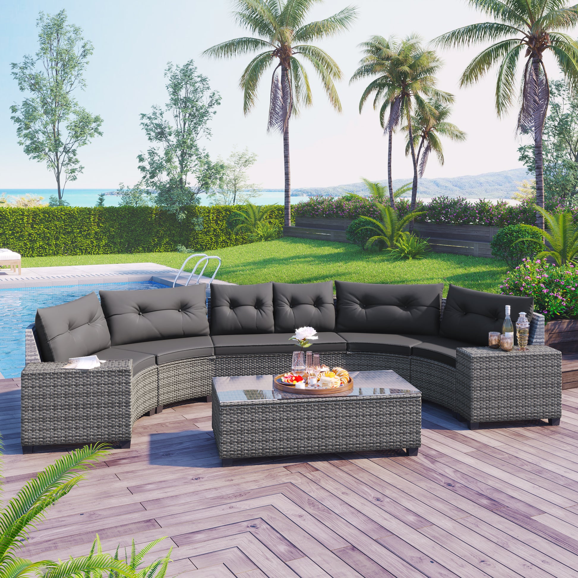 8 Piece Gray Wicker Outdoor Sofa Set Curved Sectional with Cushions