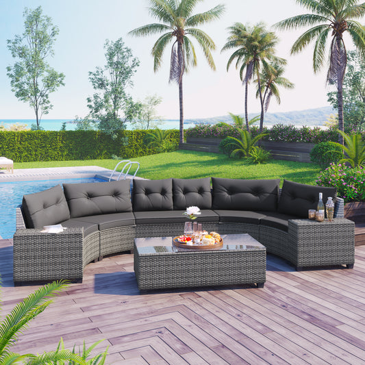 8 Piece Gray Wicker Outdoor Sofa Set Curved Sectional with Cushions