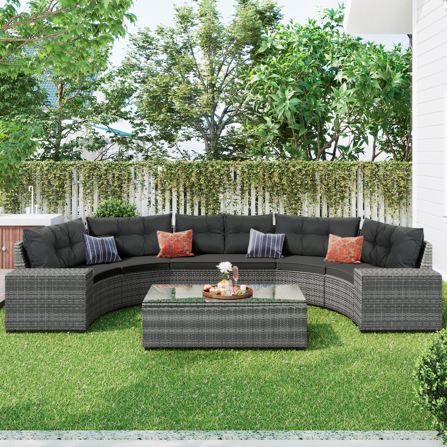8 Piece Gray Wicker Outdoor Sofa Set Curved Sectional with Cushions