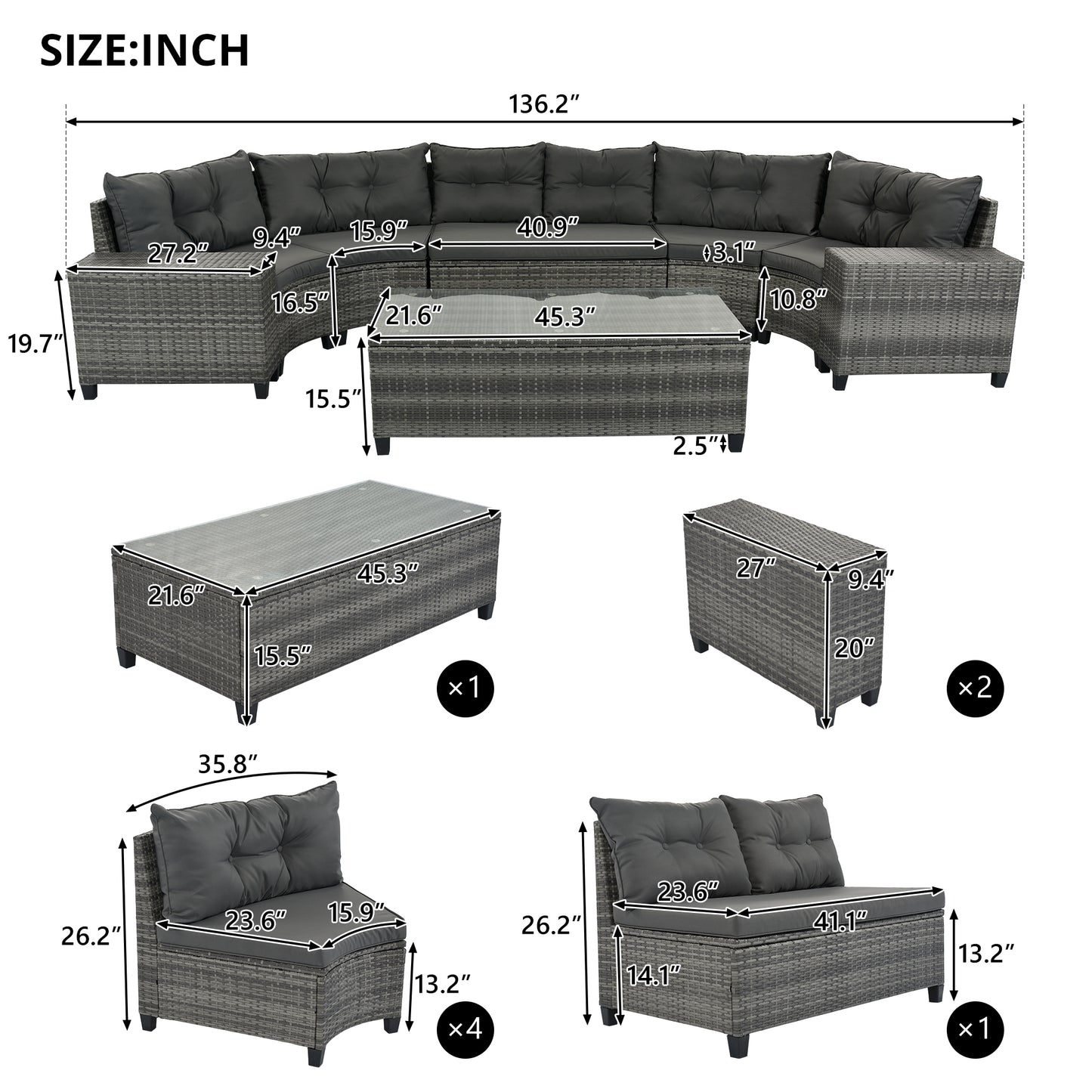 8 Piece Gray Wicker Outdoor Sofa Set Curved Sectional with Cushions